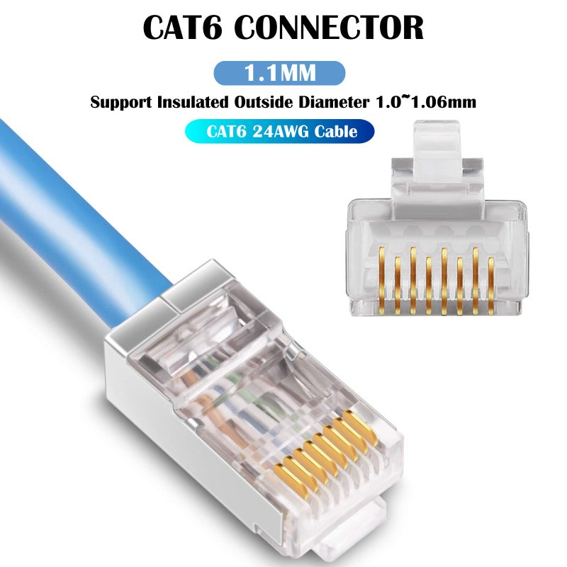 iGreely Shielded Cat6 RJ45 Connectors 50 Pack Gold Plated RJ45 Cat6/Cat5E/Cat5 8P8C 50 Micron 50u 3 Prong FTP STP Ethernet Cable Crimp Modular Plug - Image 2